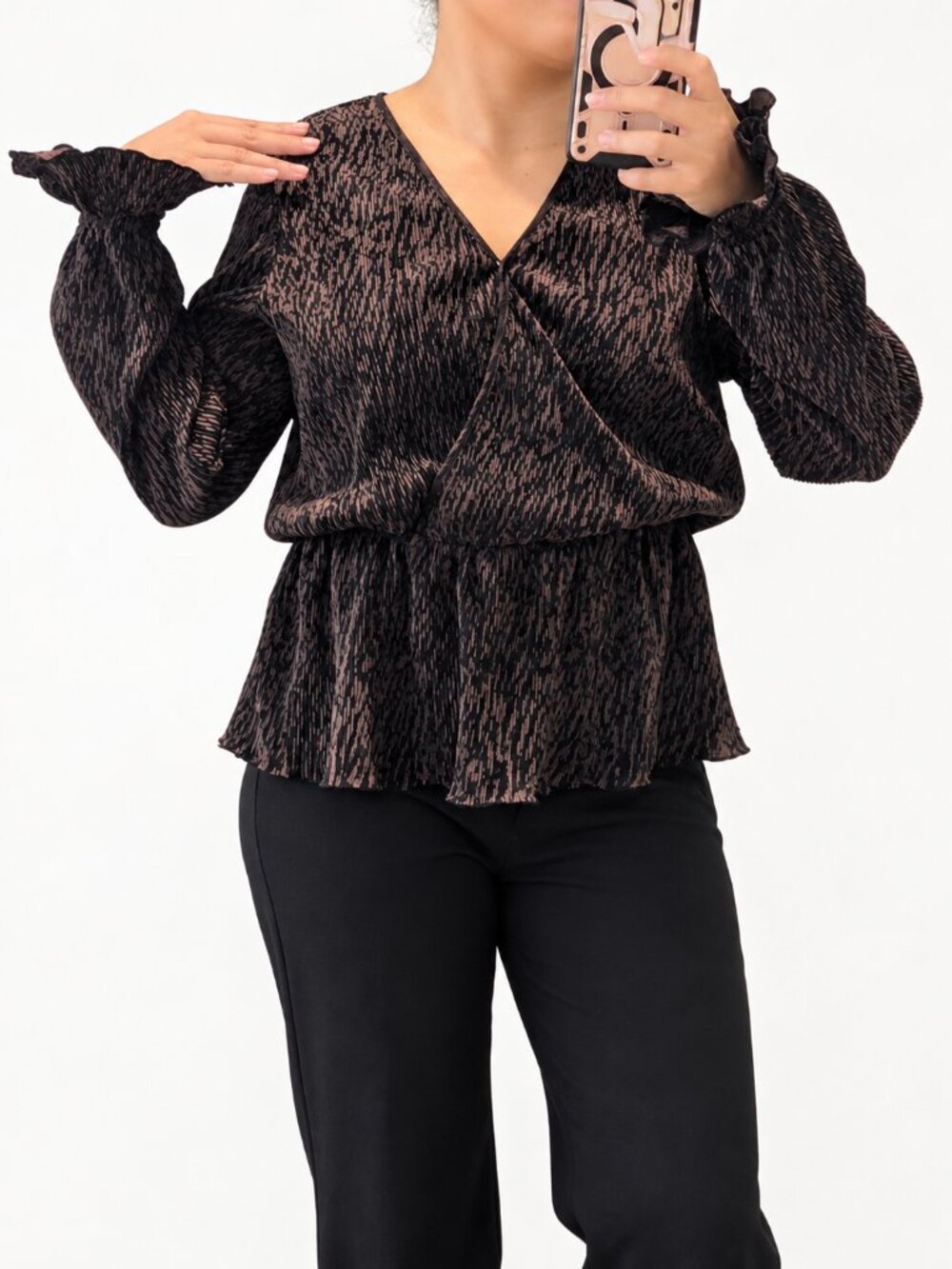 Pleated Wrap Peplum Blouse Brown Black Size S